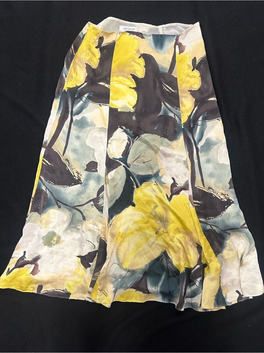 Emanuel Ungaro Yellow, Teal, and Black silk Watercolor Floral Maxi Skirt